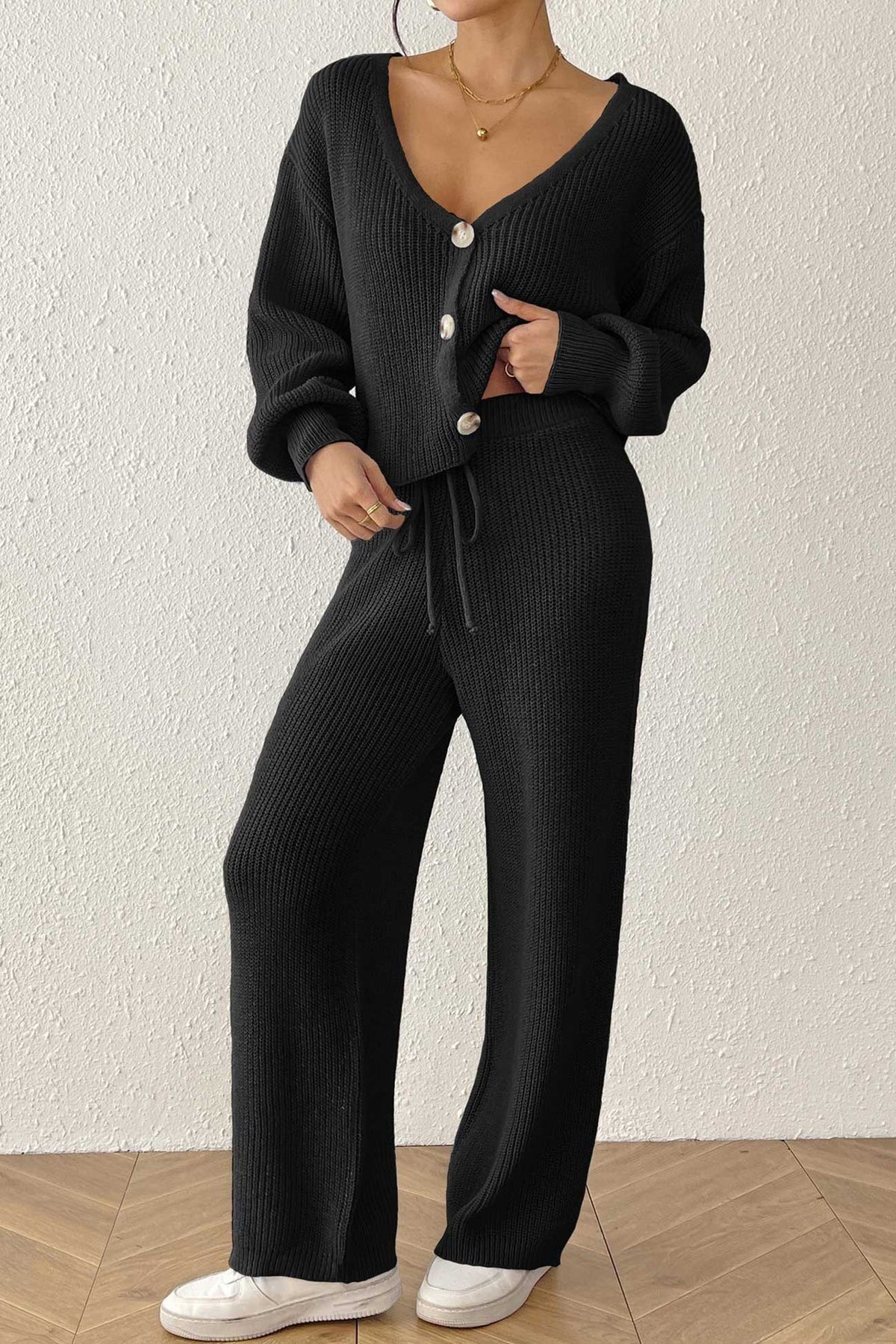 Button-down Crop Cardigan Pants Set