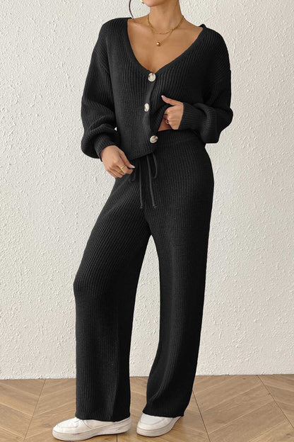 Button-down Crop Cardigan Pants Set