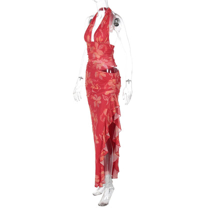 Halter Plunging V Neck Floral Ruched Ruffle Side Slit Maxi Set