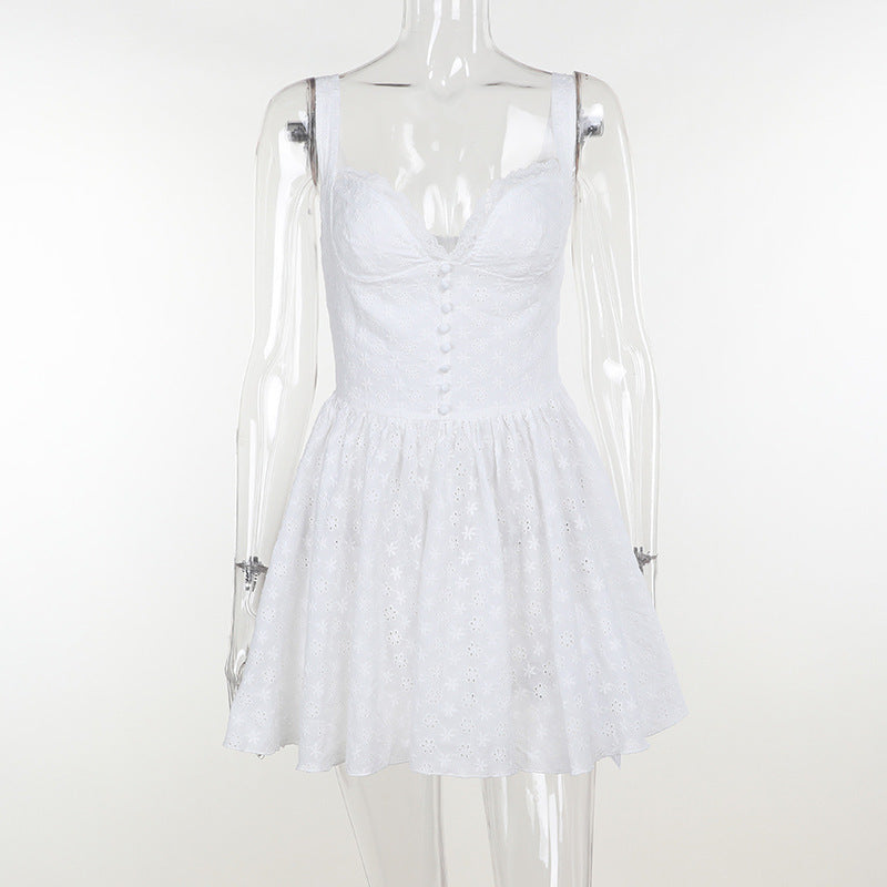 Eyelet Lace Corset Button Front Sweetheart Flared Mini Dress