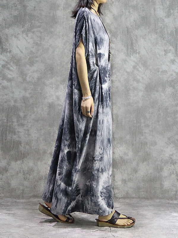 Tie Dye Oversized Short Sleeve Kaftan Shift Column Maxi Dress