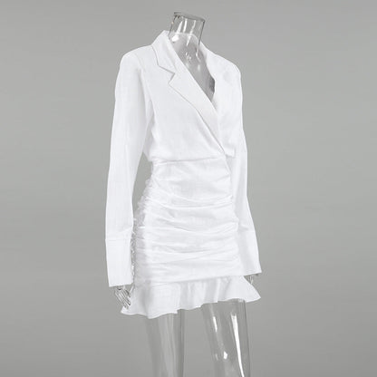 Deep V Notched Lapel Long Sleeve Ruched Blazer Mini Dress