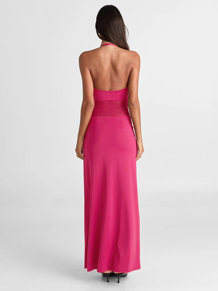 Halter Mesh Panel Midriff Ruched Waist Column Maxi Gown