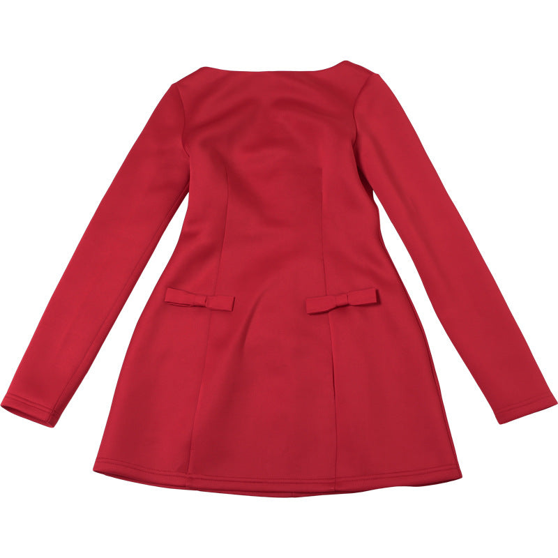 Boat Neck Long Sleeve Bow Detail A-Line Mini Dress