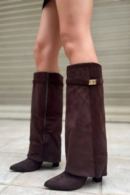 Pointed Toe Block Heel Fold Over High Boots