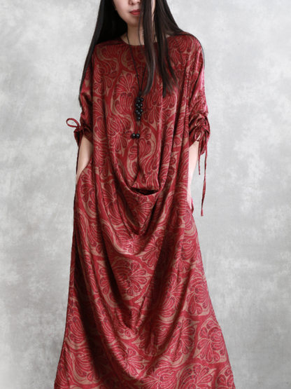 Crew Neck Drawstring Cuff Paisley Print Draped Front Pocket Maxi Dress