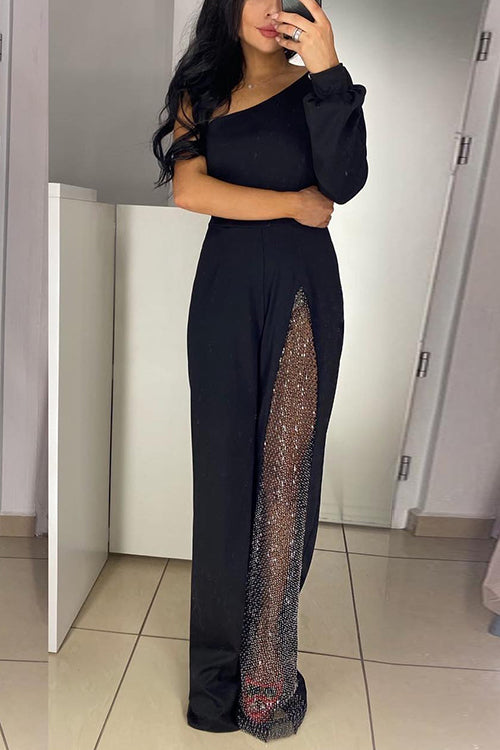 One Shoulder Long Sleeve Patchwork Wide Leg Jumpsuit