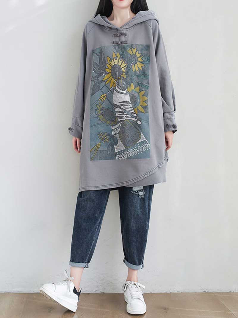 Frog Button Hood Sunflower Print Oversized Sweatshirt Dress