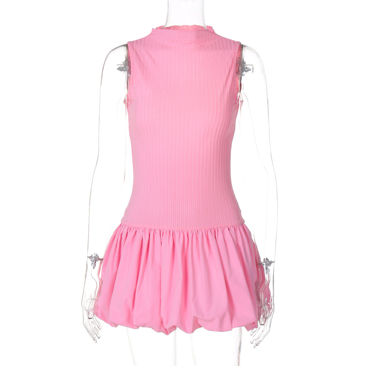 Mock Neck Sleeveless Ribbed Knit Drop Waist Bubble Hem Mini Dress