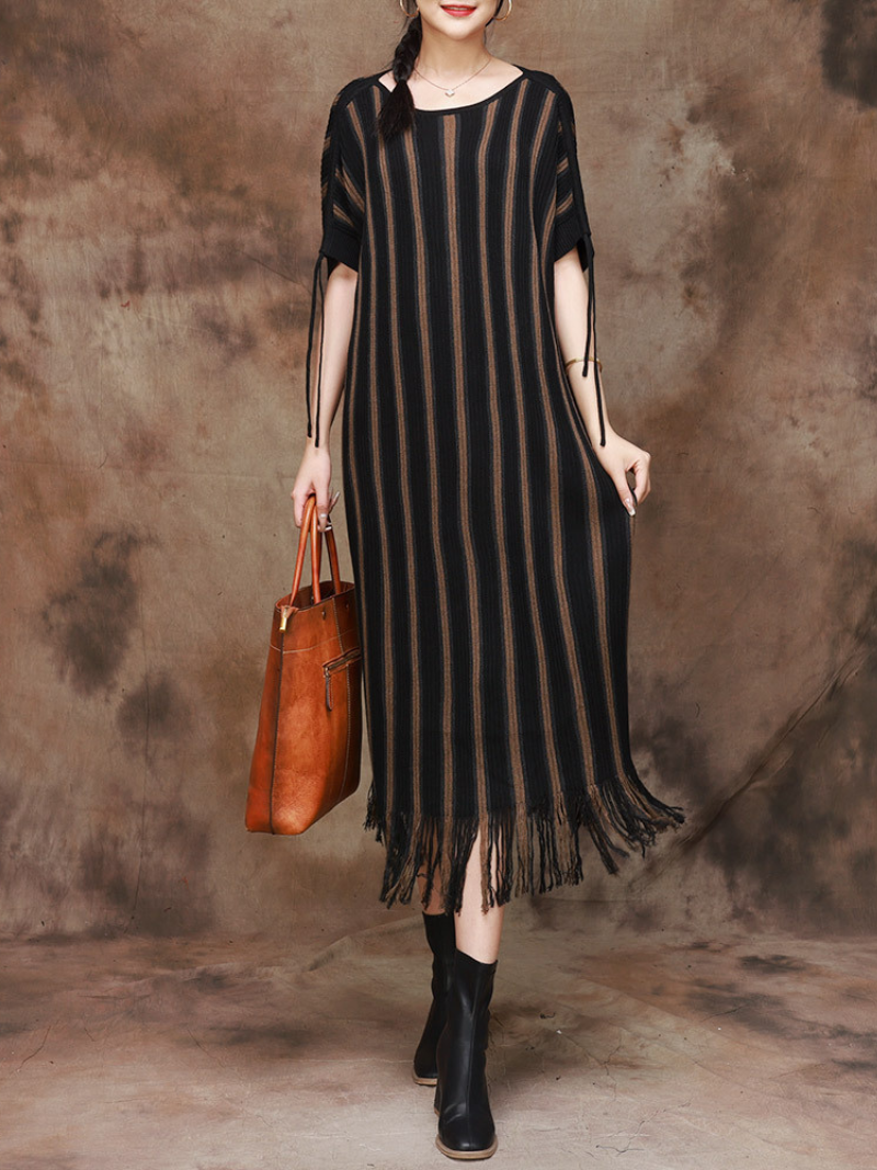 Round Neck Drop Shoulder Striped Fringe Hem Knit Maxi Dress