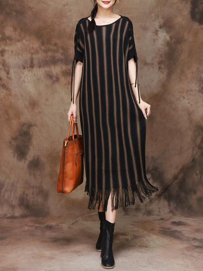 Round Neck Drop Shoulder Striped Fringe Hem Knit Maxi Dress