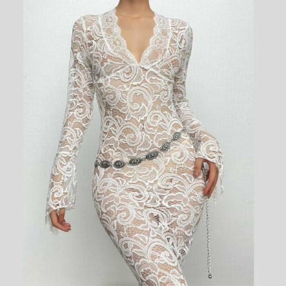 Lace V Neck Long Sleeve Sheer Flared Leg Jumpsuit