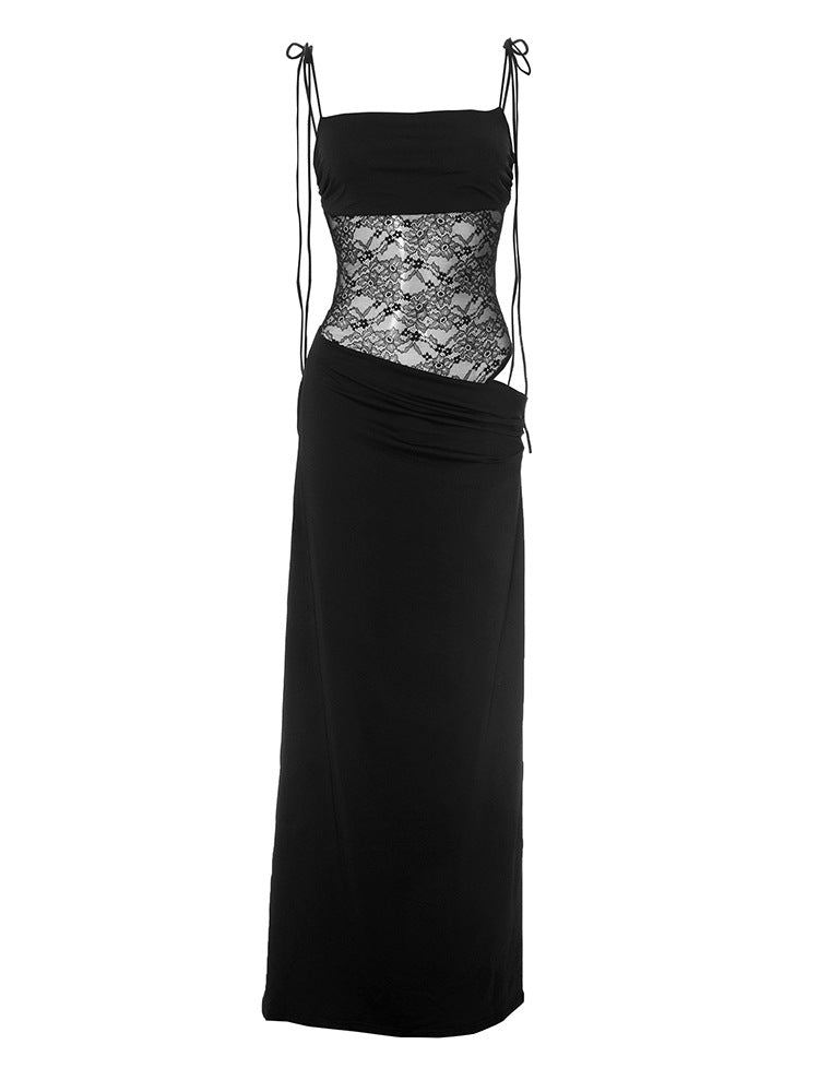 Spaghetti Strap Floral Lace Midriff Panel Column Maxi Dress
