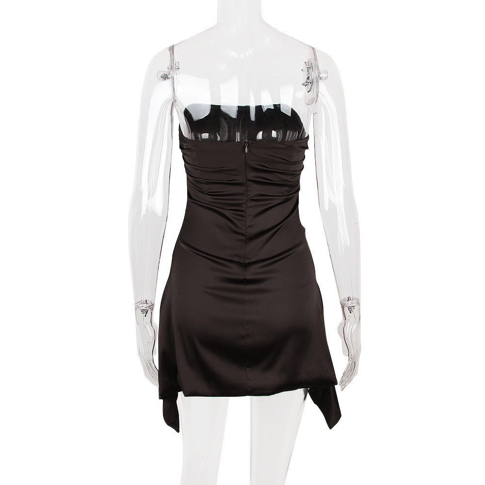 Strapless Ruched Asymmetric Draped Hem Satin Mini Dress