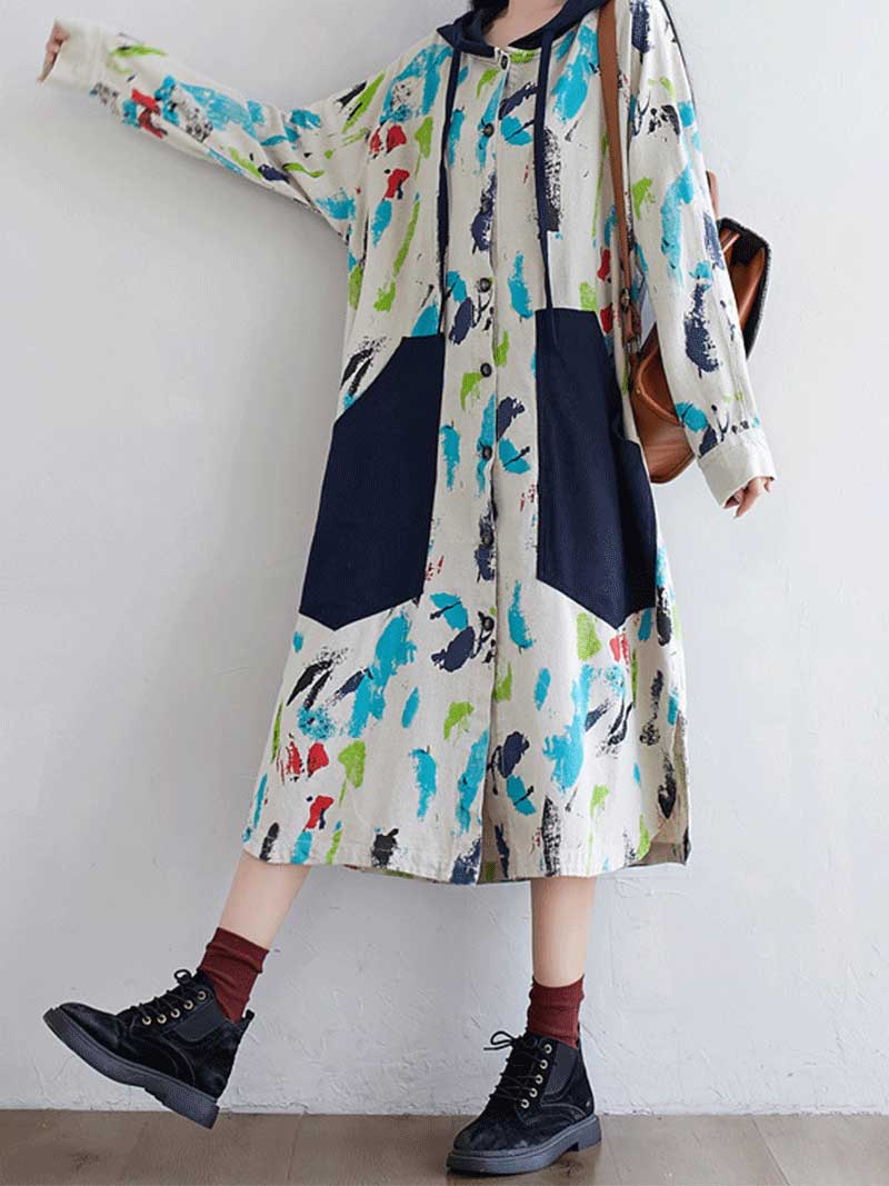 Hooded Zip Front Jacket Style Midi Dress