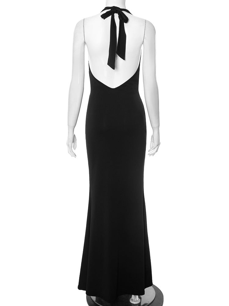 Plunging Halter Cowl Lace Side Panel Mermaid Maxi Gown