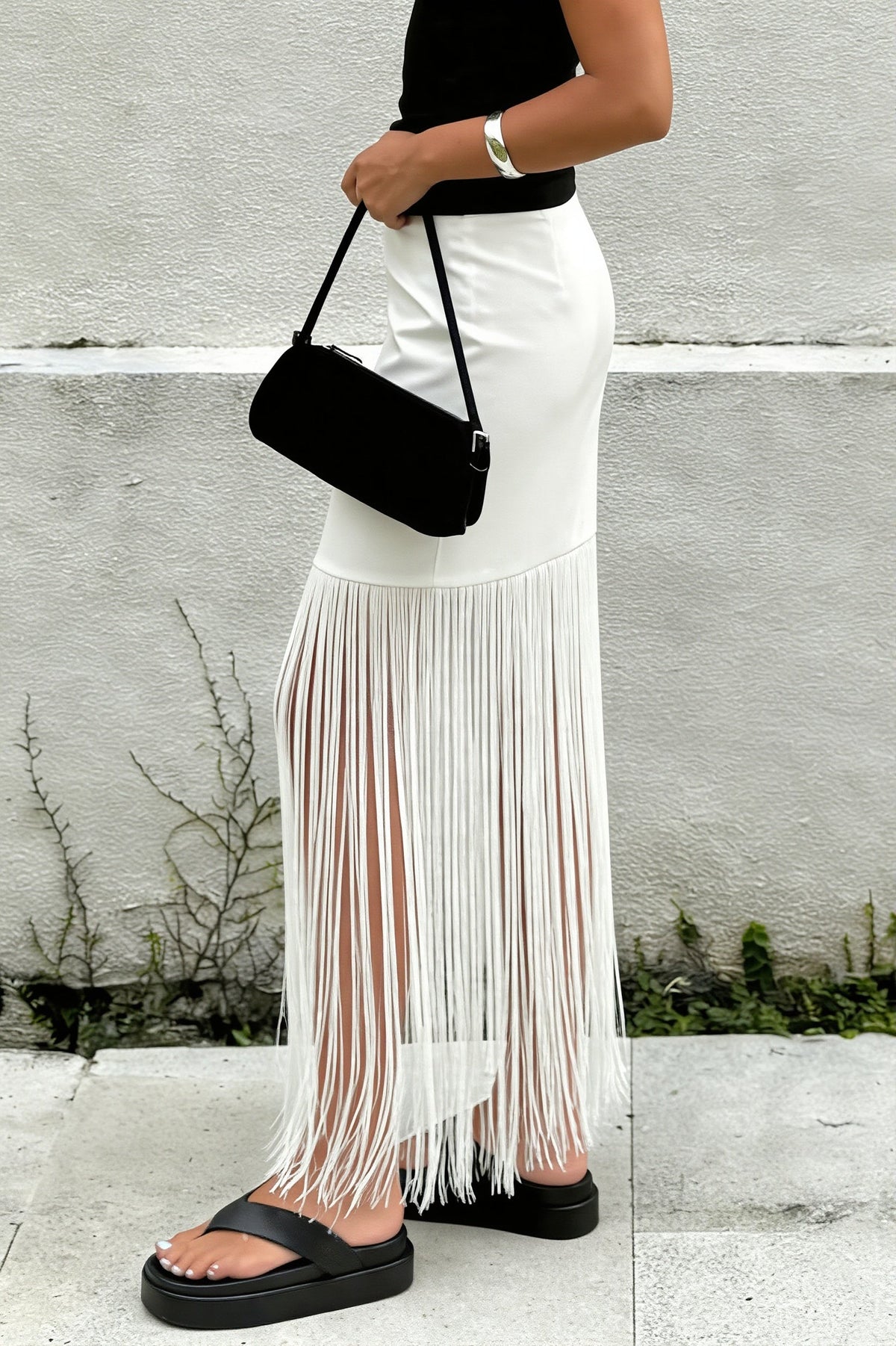 Fringe Trim Splice Maxi Skirt