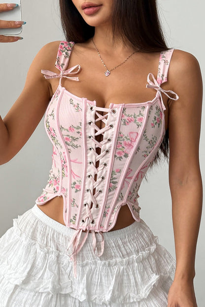 Floral Print Boned Cross Tie Bow Tank Top