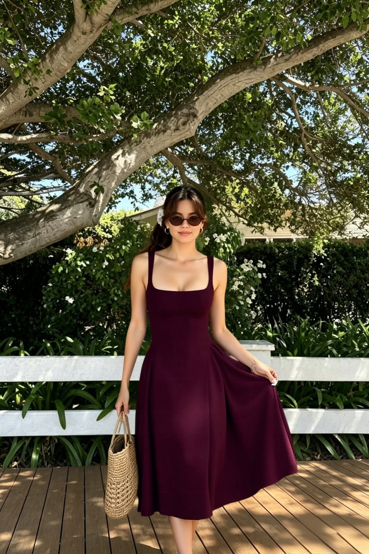 Square Neck Wide Strap Fitted Bodice A-Line Midi Dress