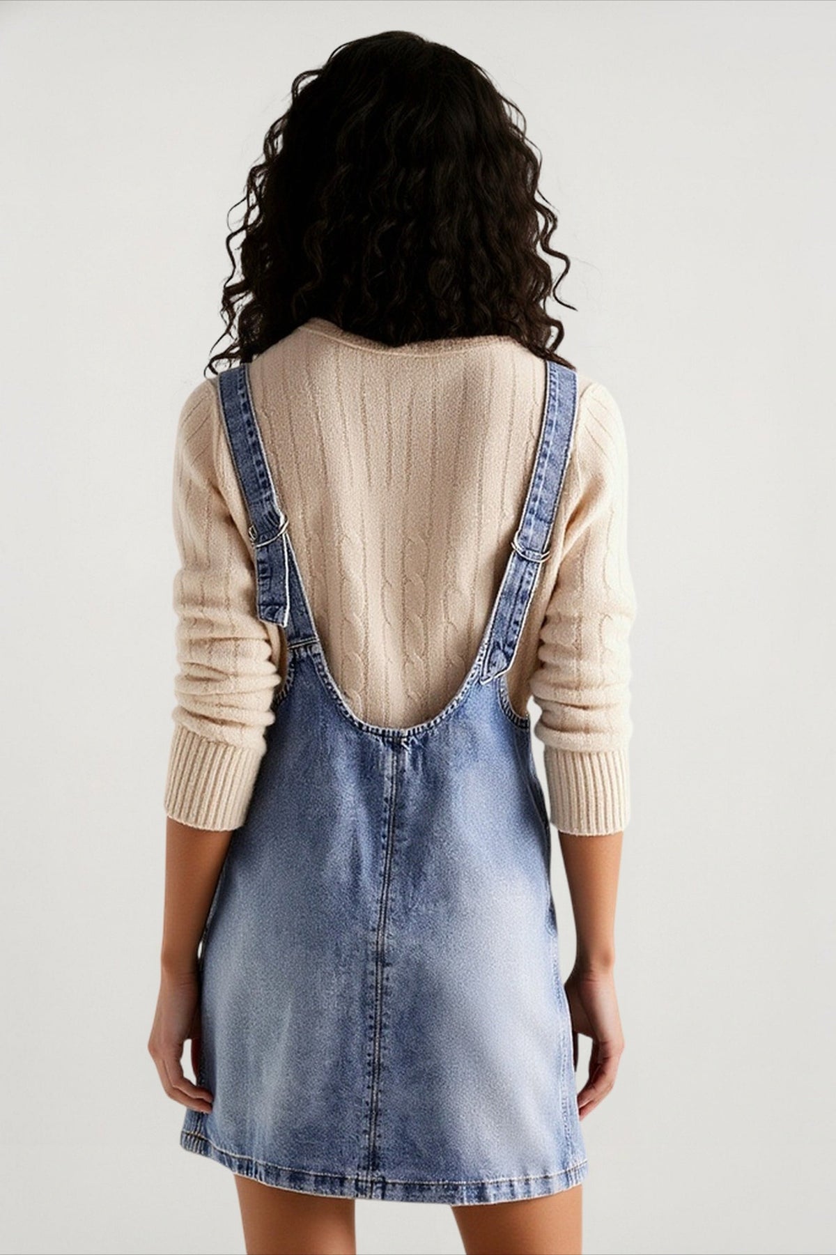 Deep V Neck Patch Pocket Princess Seam Denim Pinafore Mini Dress