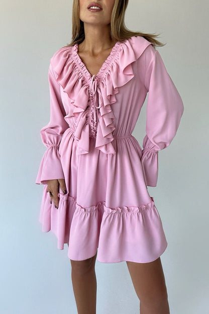 V-Neck Lace-Up Ruffle Trim Balloon Sleeve Mini Dress