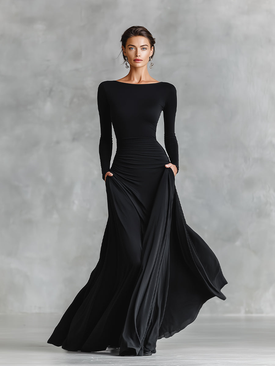 Boat Neck Long Sleeve Ruched Waist Pocket A Line Maxi Dress