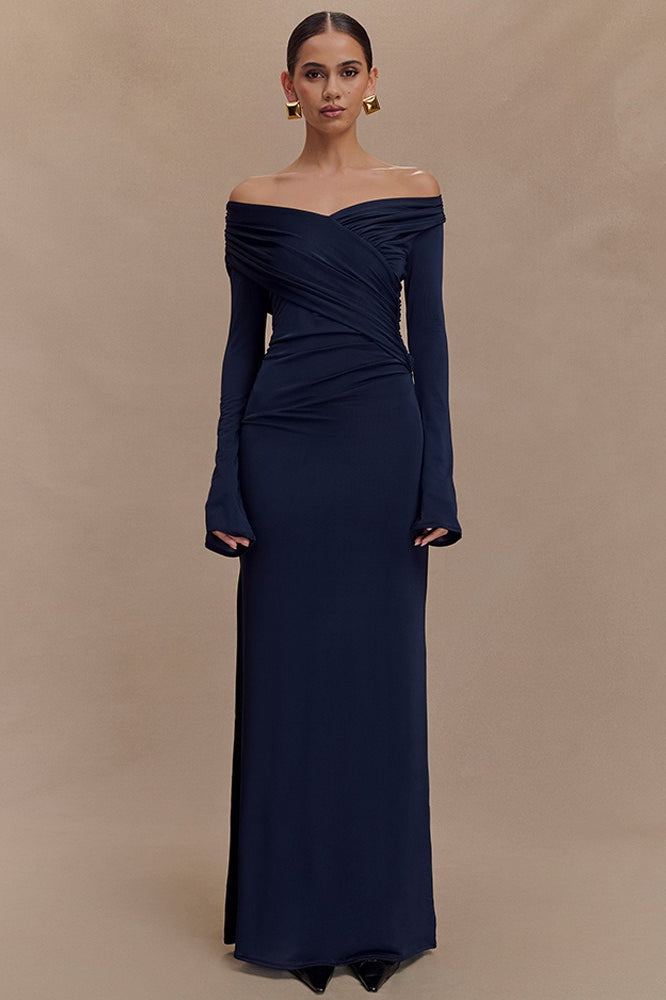 Crossover Ruched Drape Long Sleeve Column Maxi Dress