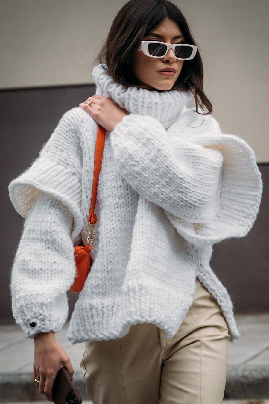 Solid Patchwork Chunky Fluffy Turtleneck Sweater