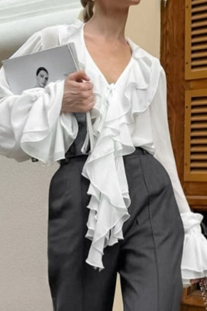 Ruffled V-Neck Tie Long Sleeve Blouse
