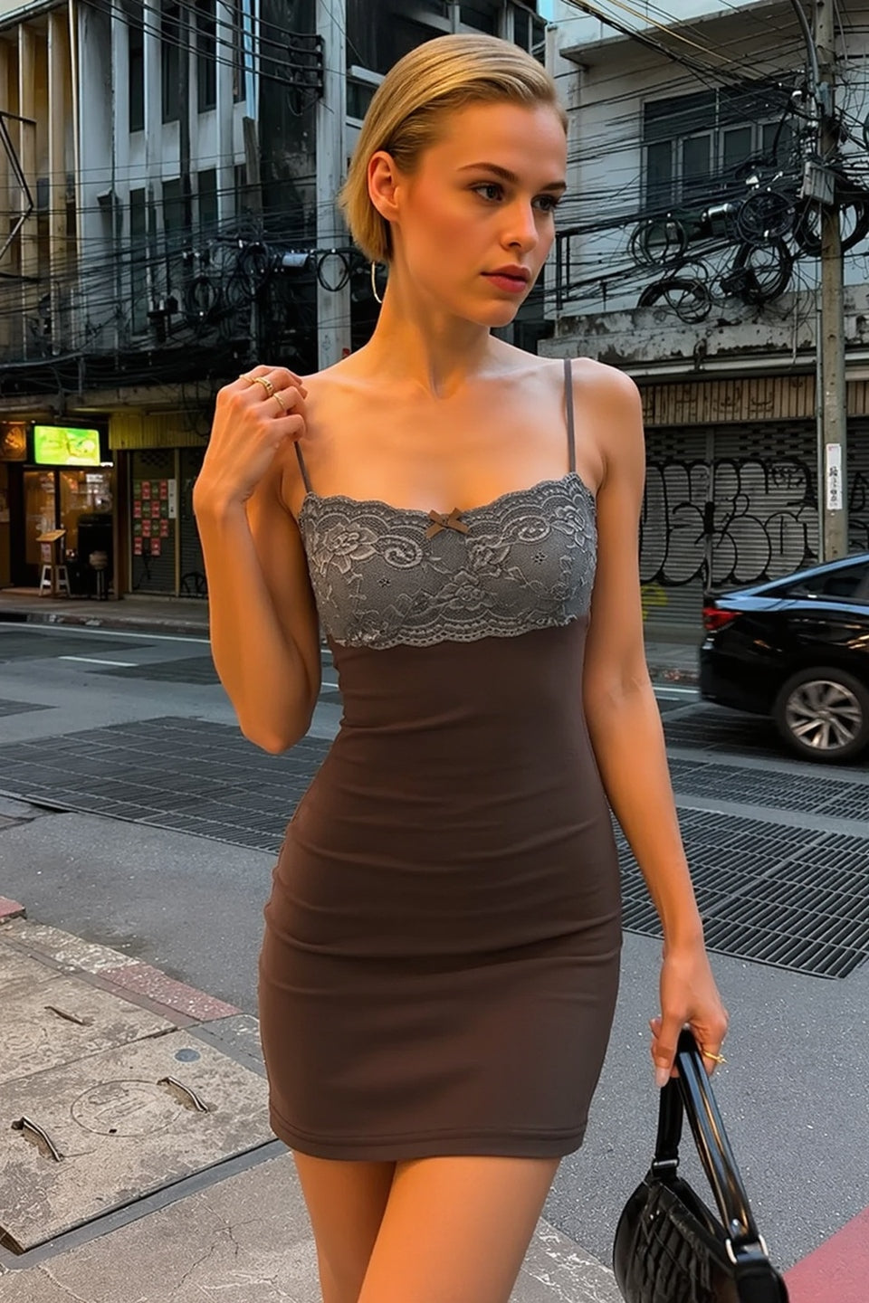Lace Bustier Bow Front Spaghetti Strap Bodycon Mini Slip Dress