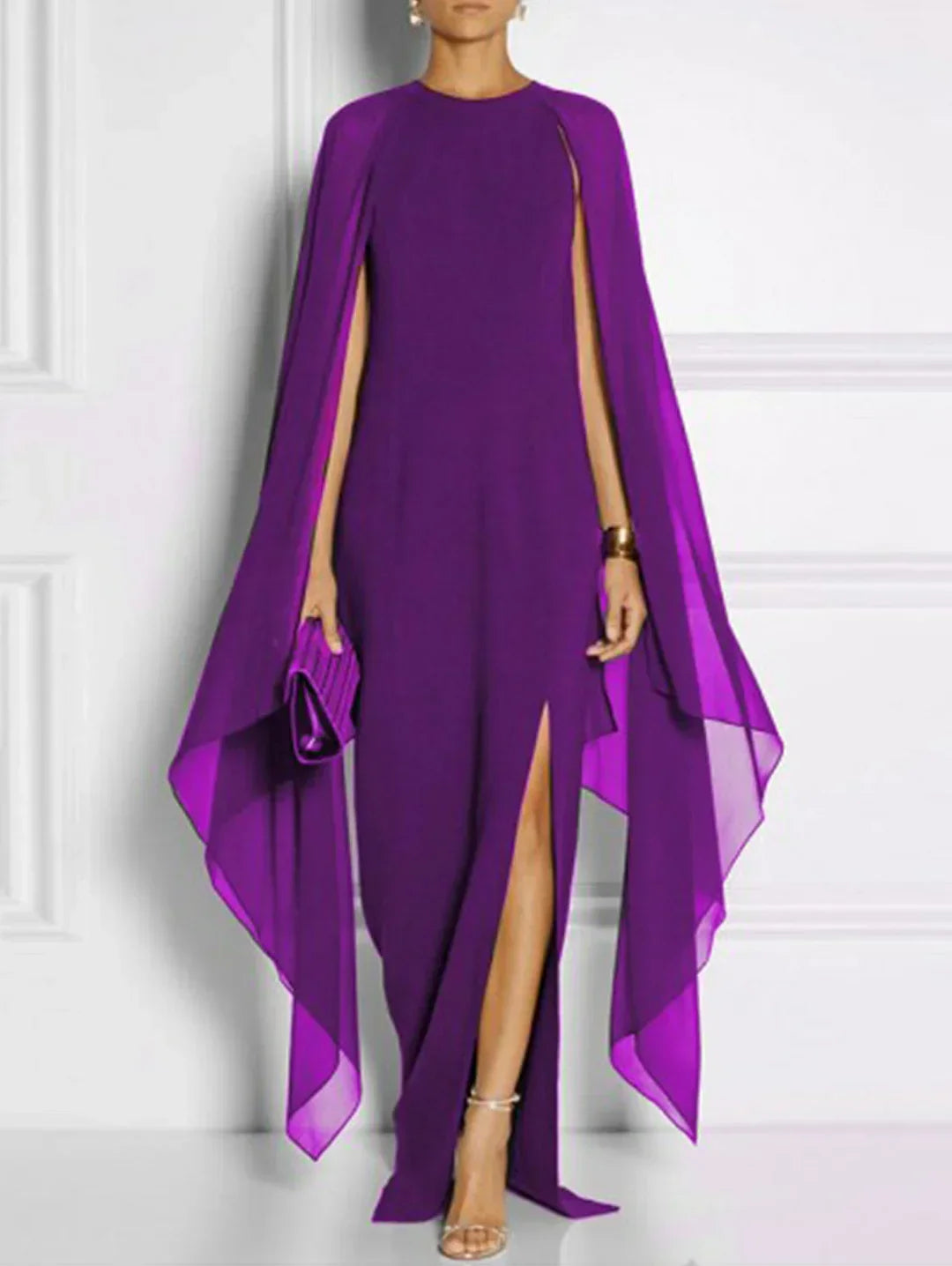 Round Neck Side Slit Cape Sleeve Sheath Maxi Dress