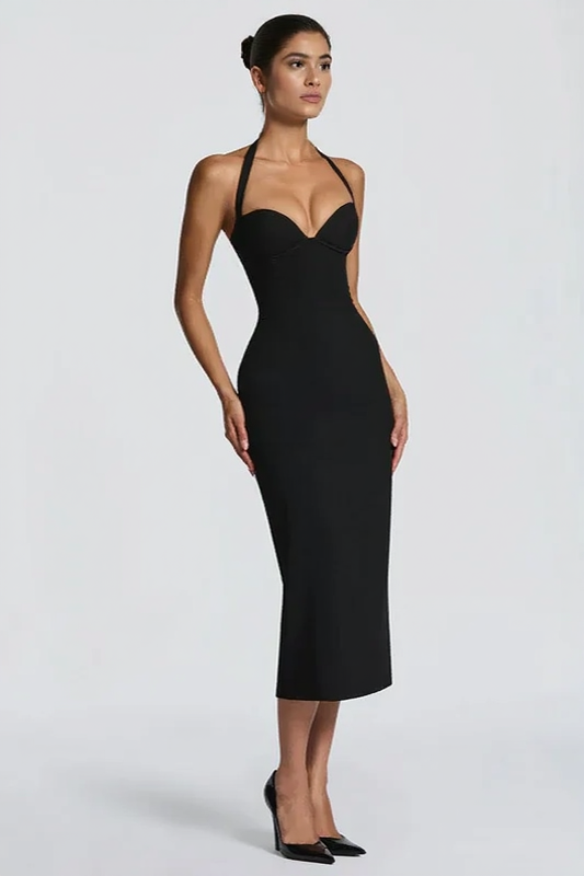 Halter Sweetheart Bustier Bodycon Midi Dress