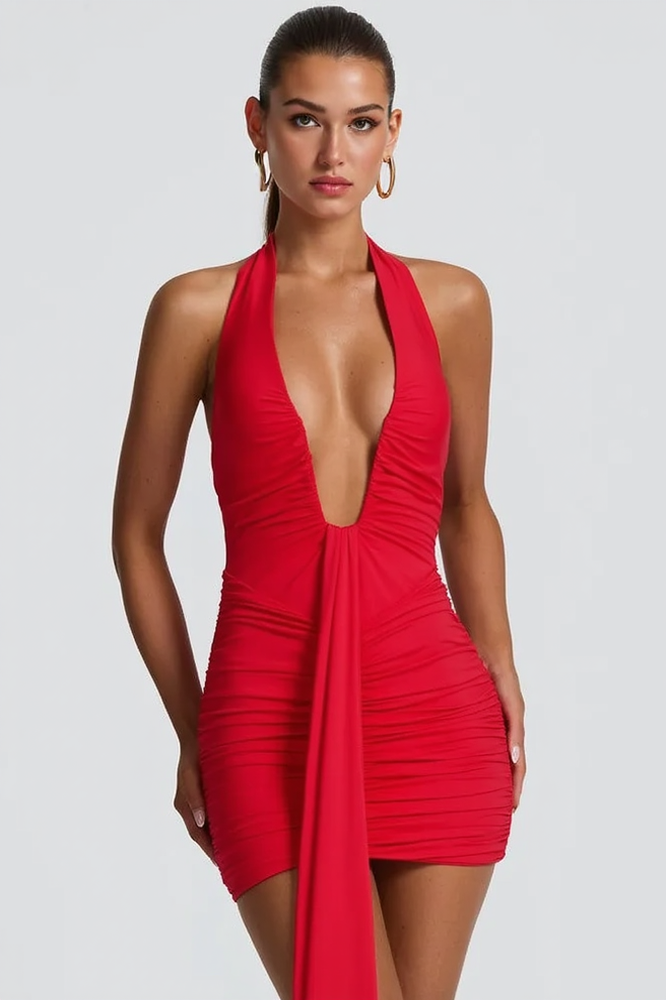 Print Halter Deep V Ruched Panel Mini Dress