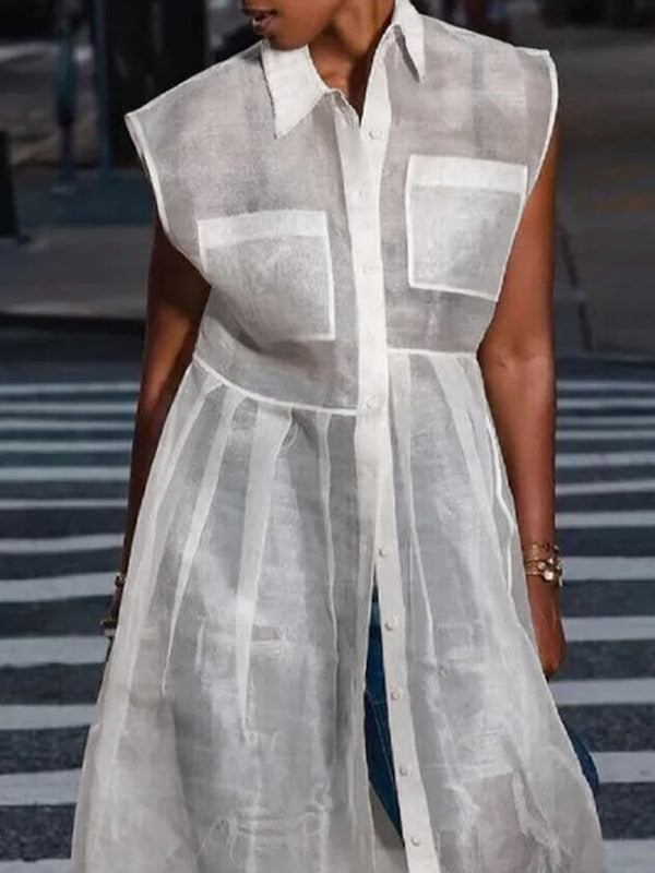 Collared Button Front Pocket Flap Sheer Pleated Tunic Dress