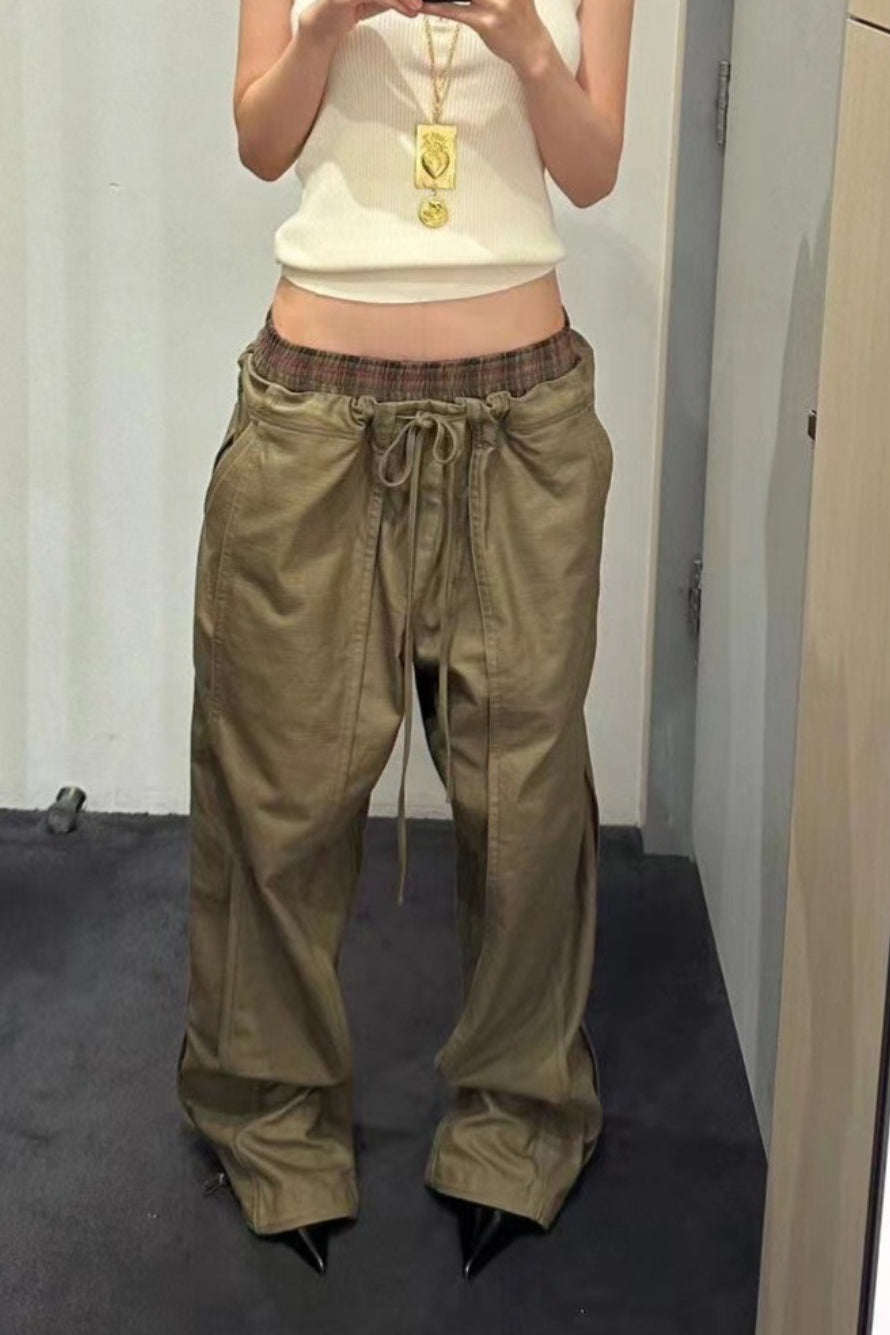 Color Block Plaid Elastic Double Waist Khaki Cargo Casual Pants