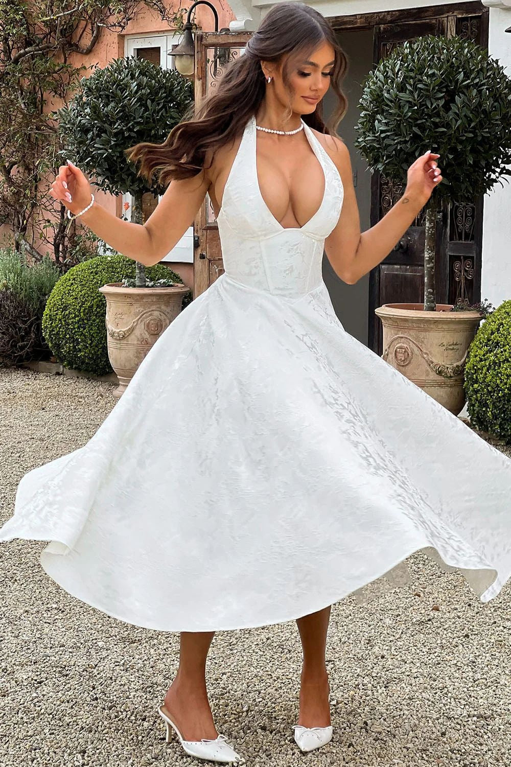 Jacquard Halter V-Neck Party Dress
