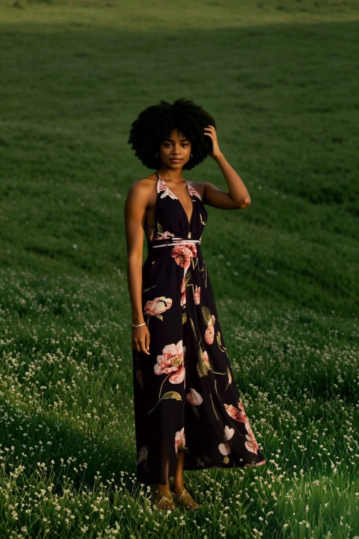 Halter Plunge V Neck Wrap Tie Waist Floral Print Maxi Dress