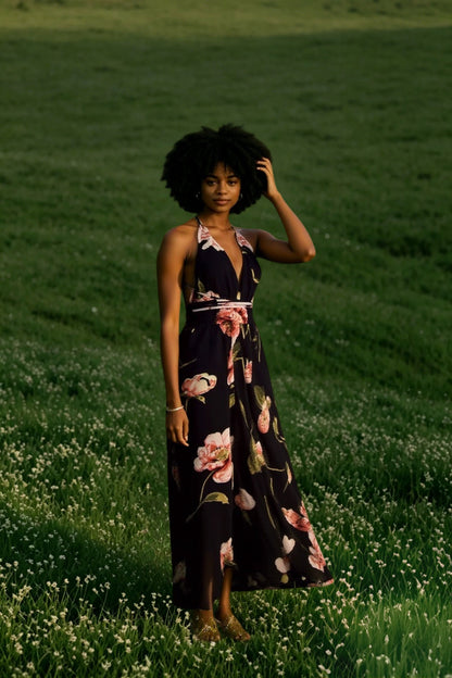 Halter Plunge V Neck Wrap Tie Waist Floral Print Maxi Dress