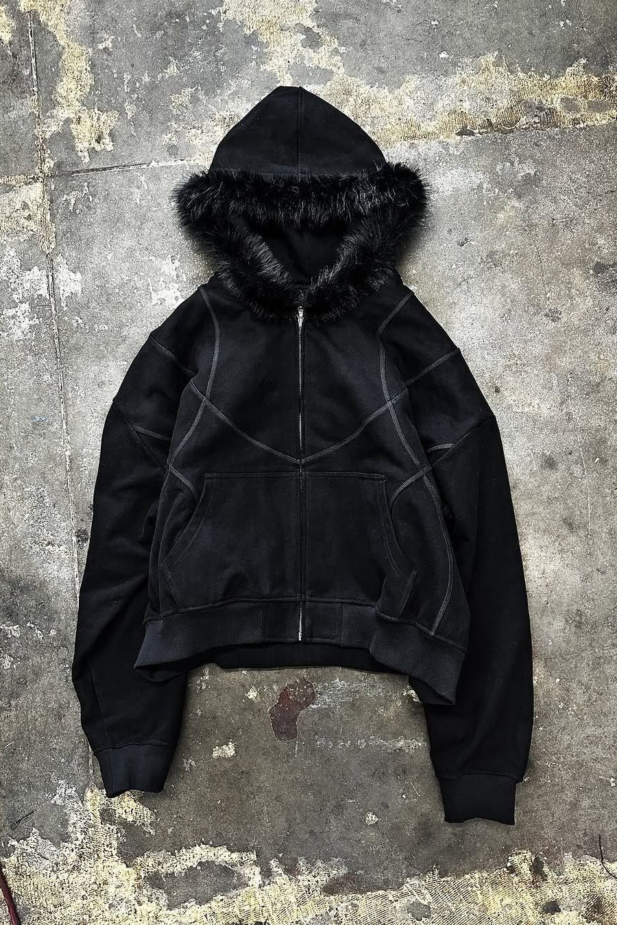 Faux-Fur Hood Graphic Zip-Up Hoodie