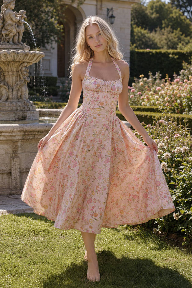Halter Neck Slim Strap Floral Dress