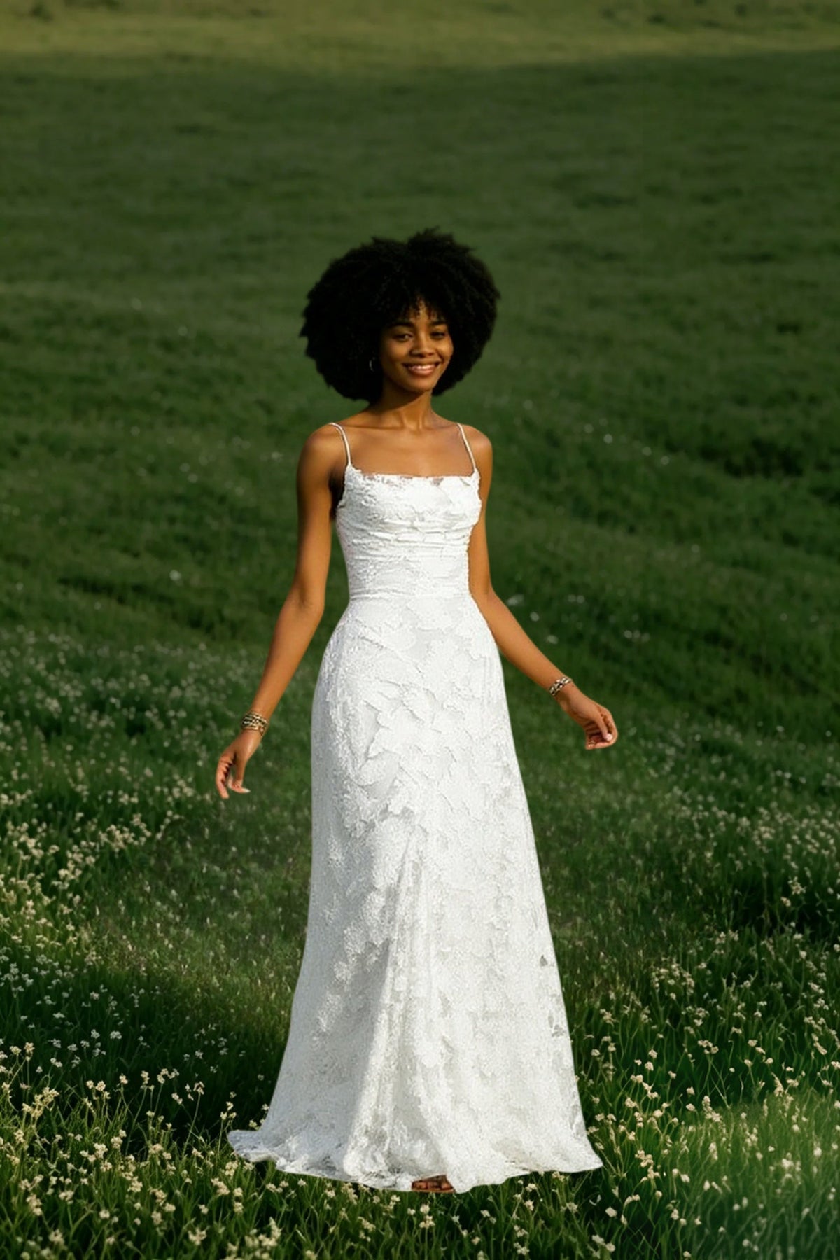 Spaghetti Strap Square Neck Floral Lace A-Line Floor Length Gown