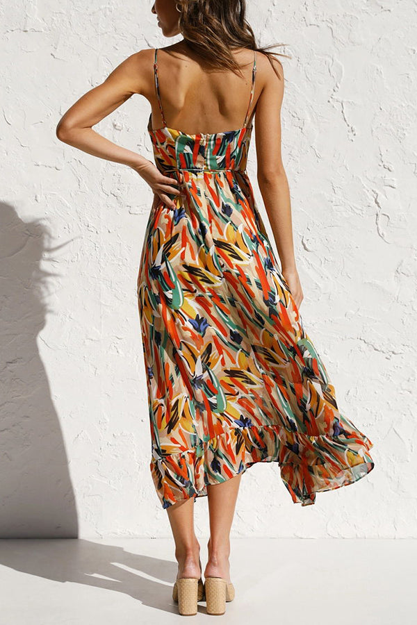 Abstract Print Spaghetti Strap V-Neck Drawstring Waist Tiered Ruffle Midi Dress