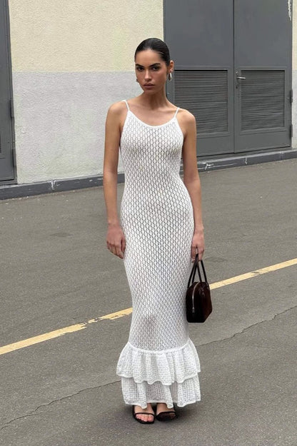 V Neck Ruffle Backless Maxi Dress