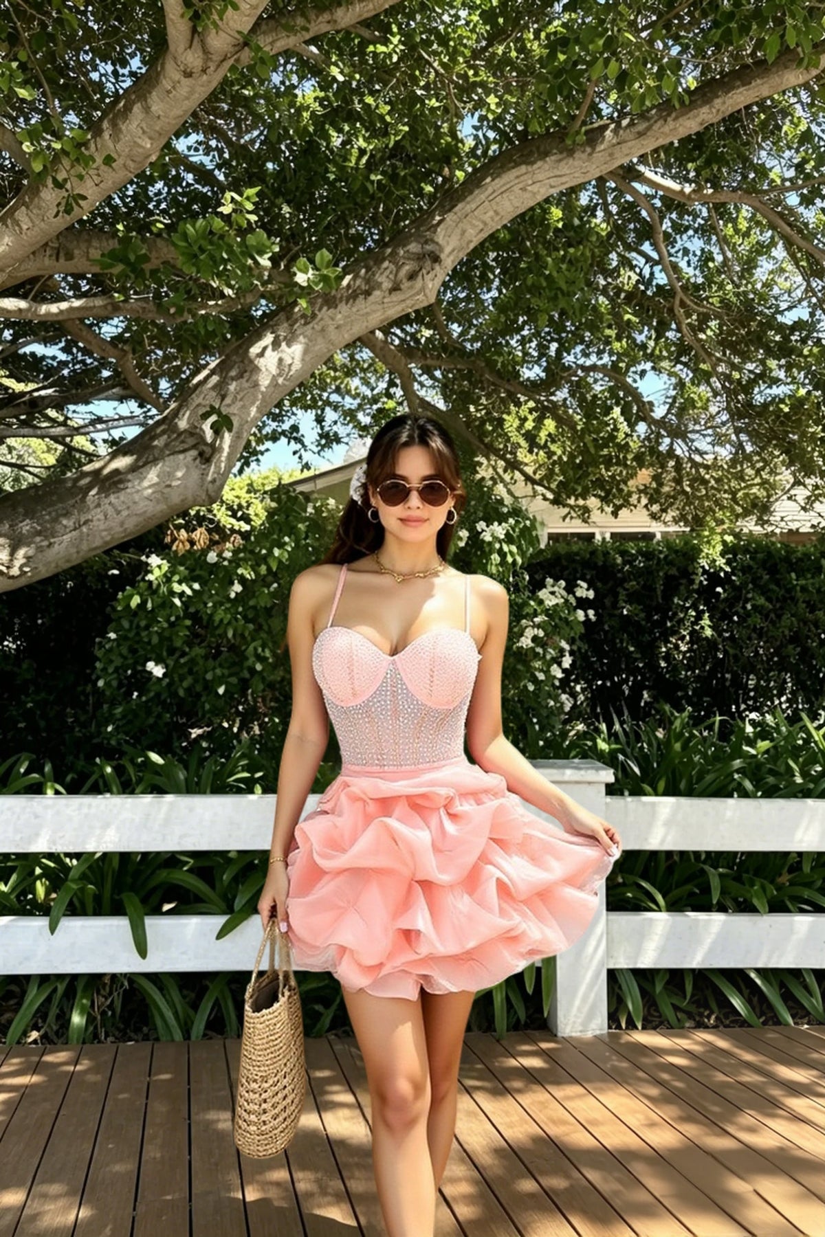 Rhinestone Corset Bustier Spaghetti Strap Tiered Ruffle Babydoll Mini Dress