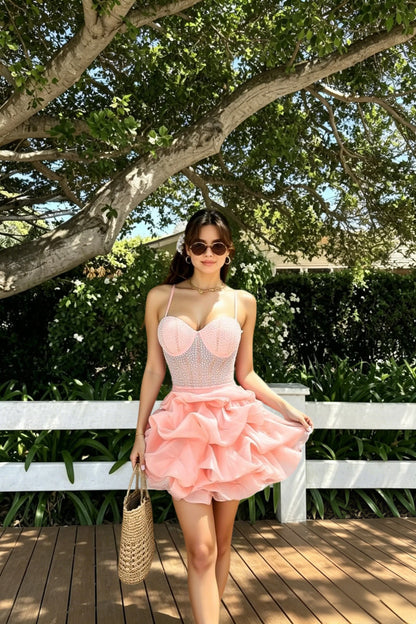 Rhinestone Corset Bustier Spaghetti Strap Tiered Ruffle Babydoll Mini Dress