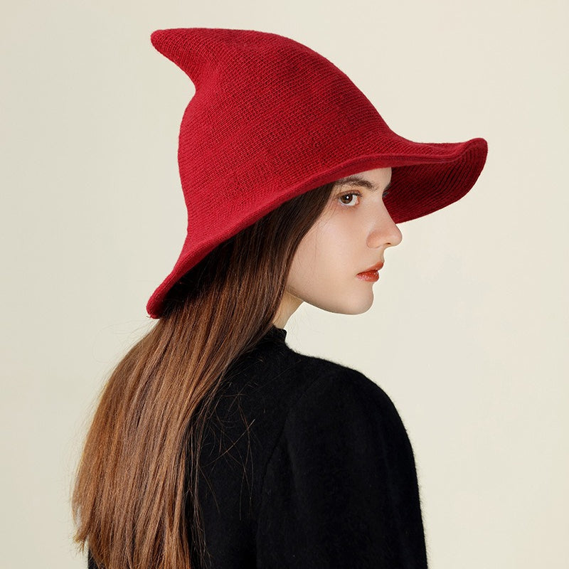 Wool Knitted Pointed Top Wide Brim Witch Hat