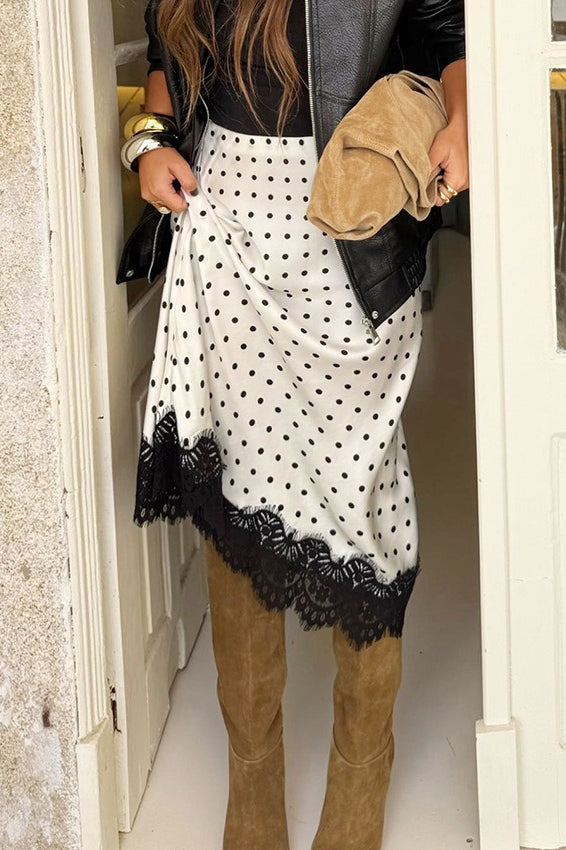 Polka-Dot Lace-Hem Midi Skirt