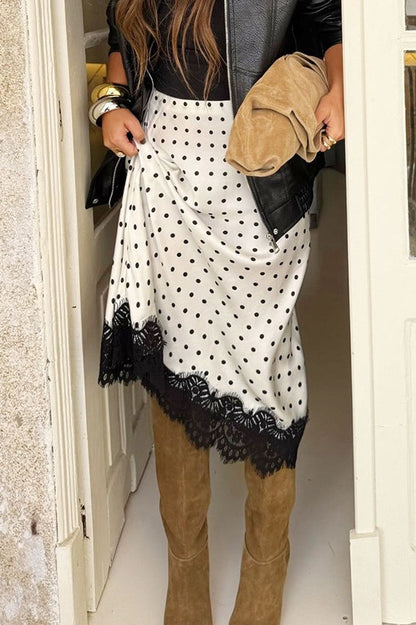 Polka-Dot Lace-Hem Midi Skirt