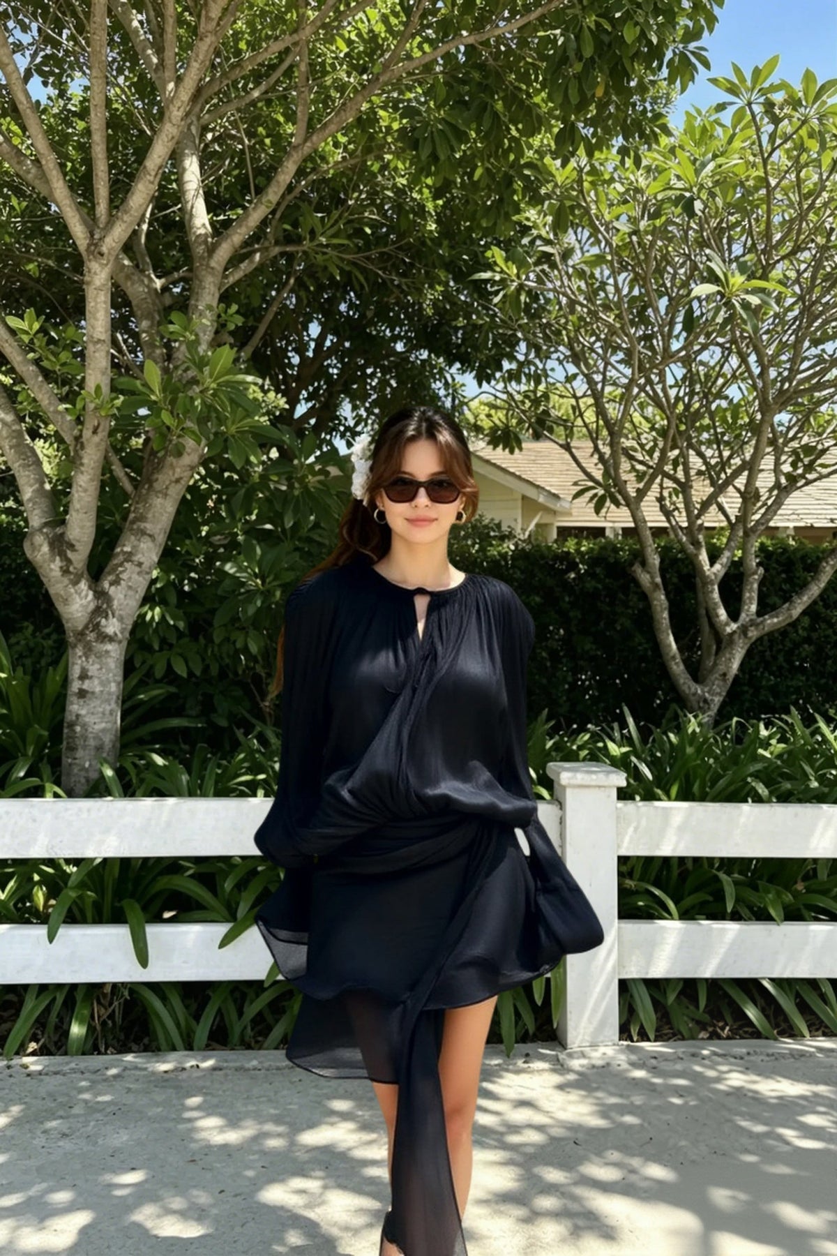 Crinkle Shimmer Tie Front Balloon Sleeve Mini Dress