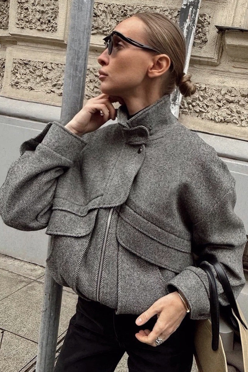 Herringbone Stand Collar Relaxed Coat